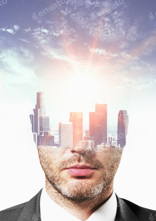 Preview: City Headed Businessman Portrait On Sky Background. Double Exposure