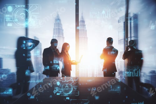 Preview: Backlit Businessmen And Women Working Tohether In Abstract Creative Blurry Office Interior With