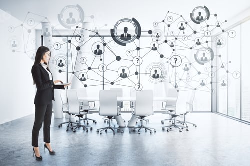 Preview: Attractive Young Businesswoman Standing In Modern Meeting Room Interior With Daylight And Abstract