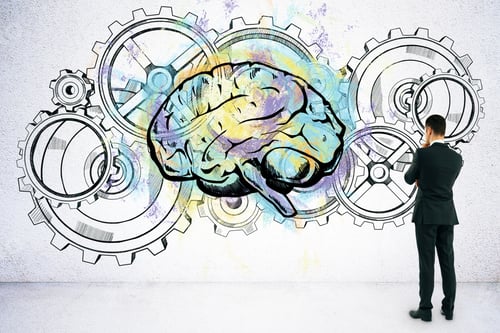 Preview: Businessman In Suit Looking On Cogs And Brain Sketch. Teamwork And System Concept