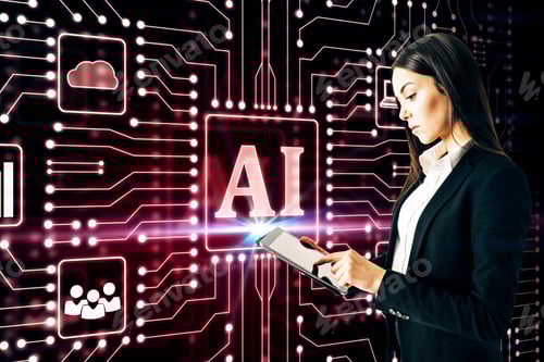 Preview: Attractive Young European Businesswoman Using Tablet Glowing Ai Circuit Interface On Dark