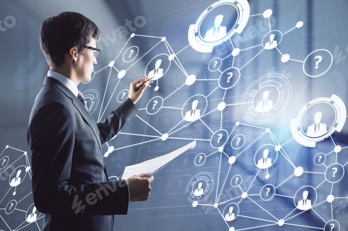 Preview: Young European Businessman With Document And Glowing Connections Hologram Interface On Blurry