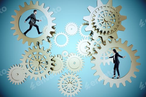 Preview: Businessman And Businesswoman Walking In Golden Cogs System. Business And Teamwork Concept.