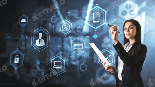Preview: Attractive Young European Businesswoman Using Creative Business Interface On Blurry Background
