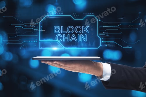 Preview: Close Up Of Hand Holding Tablet With Creative Blockchain Hologram On Blurry Bokeh Background