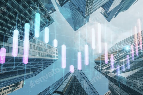 Preview: Abstract City View Background With Glowing Business Graph And Map. Global Investment And Profit