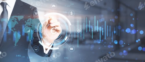 Preview: Wide Image Of Businessman Hand Pointing At Creative Glowing Round Euro Chart Hologram On Blurry