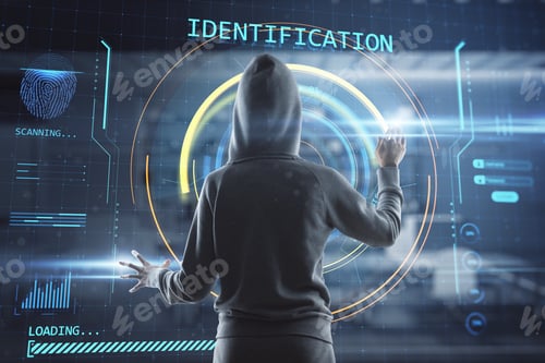 Preview: Personal Data And Security Of Future Technology Concept With Back View On Anonymous Person Touching