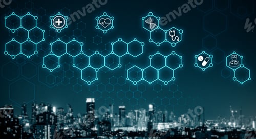 Preview: Digital Medical Hexagons On Blurry Night City Sky Background. Medicine And Science Concept. Double