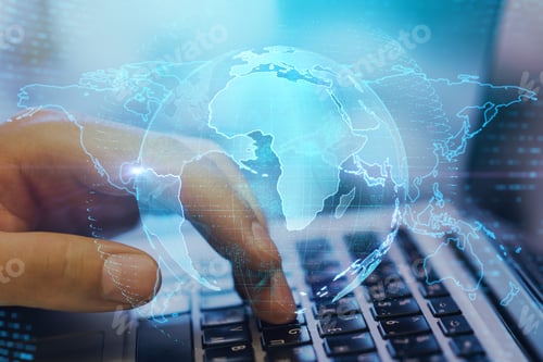 Preview: Close Up Of Hands At Desktop Using Laptop Computer With Creative Glowing Globe Interface On Dark