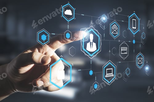 Preview: Hand Pushing Online Computer Cloud Gologram. Cloud Computing And Communication Concept.