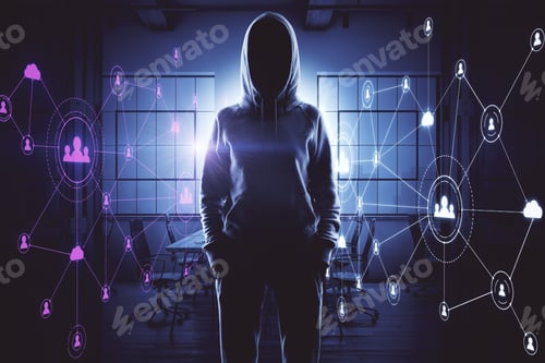Preview: Hacker In Room And Creative Social Network Interface On Dark Background. Media, Hr And Hack Concept.