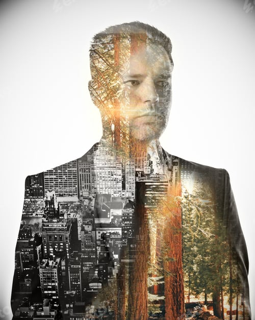 Preview: Double Explosure With Man With Thoughts About City And Nature