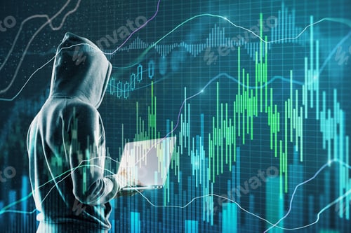 Preview: Side View Of Hacker Using Laptop With Forex Chart. Malware And Trade Concept. Double Exposure