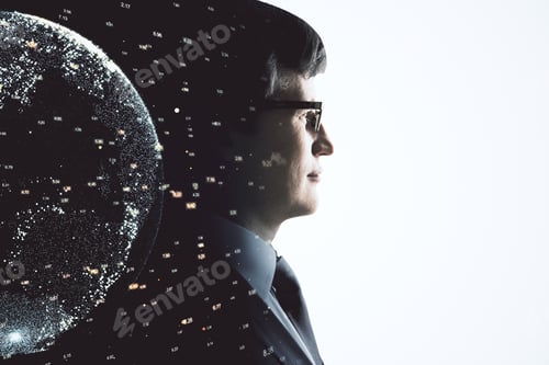 Preview: Businessman Silhouette And Abstract Digital Earth With Data Statistics On City Background. Global