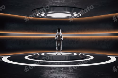 Preview: Hacker Standing In Dark Futuristic Interior With Neon Lamps. Future And Technology Concept. Mock Up.