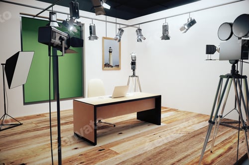 Preview: Modern Photo Studio With Furniture And Old Style Movie Camera 3D Render