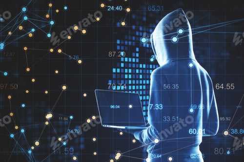 Preview: Hacker Holding Laptop And Scatter Charts With Digital Earth Hologram On Virtual Screen. Hacking And