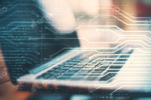 Preview: Laptop On Digital Motherboard Texture. Technology And Communication Concept. Double Exposure