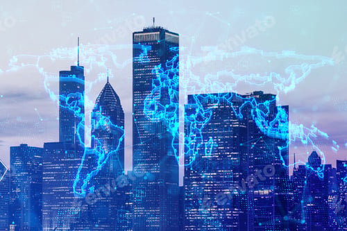 Preview: Glowing Blue Map And Digital Data Concept On Bright City Background. Info, News And Planet Concept