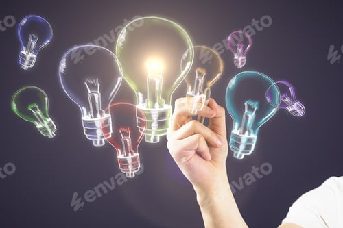 Preview: Male Hand Drawing Glowing Lamps On Dark Bakcground. Idea, Innovation And Inspiration Concept
