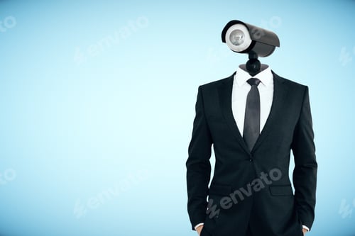Preview: Cctv Headed Man On Blue Background. Supervision Concept