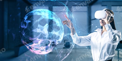 Preview: Attractive Young European Businesswoman With Vr Glasses Using Abstract Polygonal Sphere On Blurry