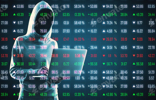 Preview: Hacker Using Laptop On Creative Forex Chart Index Background. Hacking, Technology And Trade