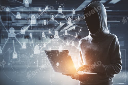Preview: Network Security Cocncept With No Face Hacker In Hoody With Laptop And Abstract Digital Technology