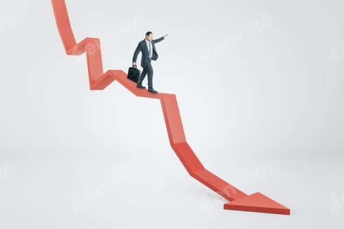 Preview: Crisis Management Concept With Crisis Manager Trying To Keep Balance On Red Arrow Going Down On