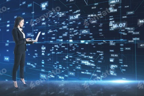 Preview: Statistics Data Concept With Businesswoman With Laptop On Virtual Wall With Data Hologram Background