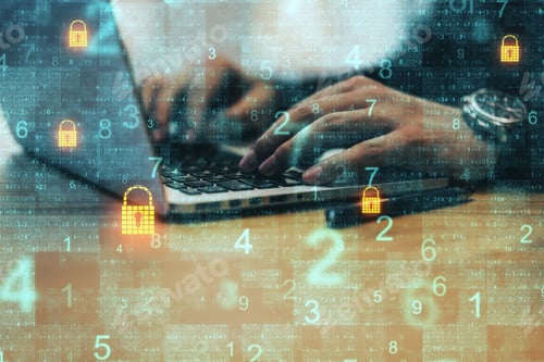Preview: Close Up Of Hands Using Laptop Keyboard On Wooden Desktop With Binary Code And Padlock Interface