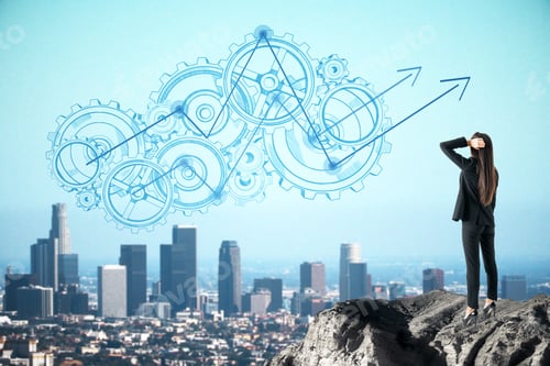 Preview: Thoughtful Young Businesswoman On Cliff Looking At Abstract Gear And Arrows Sketch. City