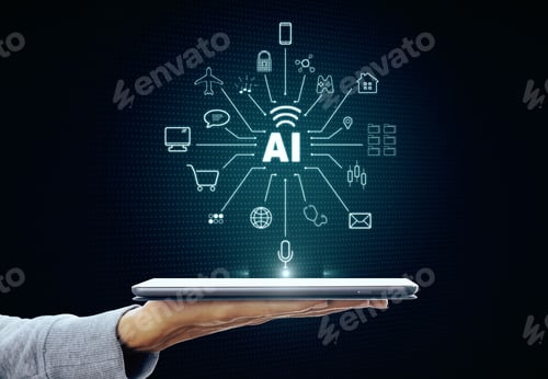 Preview: Hand Holding Tablet With Creative Digital Ai Hologram On Dark Background. Artificial Intelligence