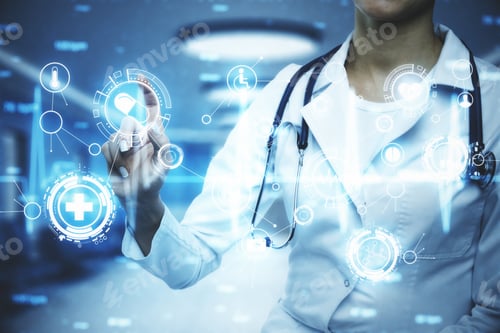 Preview: Doctor With Stethoscope Using Glowing Medical Icons Interface. Medicine And Innovation Concept