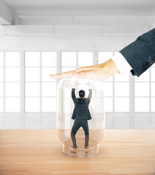 Preview: Stressed Businessman Miniature Trapped Inside Transparent Glass Jar By Employer'S Hand. White