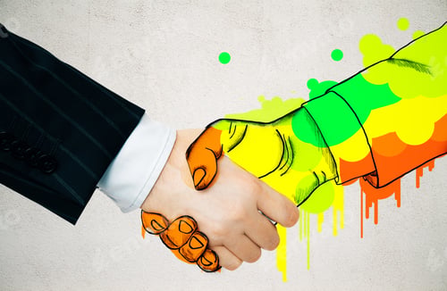 Preview: Businessman Shaking Hands With Colorful Drawn Colleague On Concrete Background. Creative Business