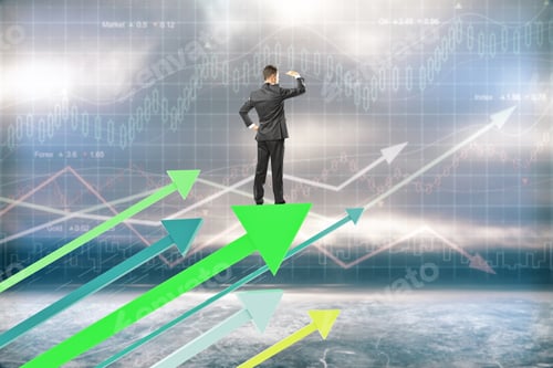 Preview: Research Concept With Businessman On Green Arrows And Forex Background
