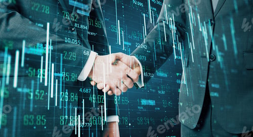 Preview: Teamwork Concept With Multiexposure Of Handshaking Businessmen And Digiatal Forex Chart Screen.