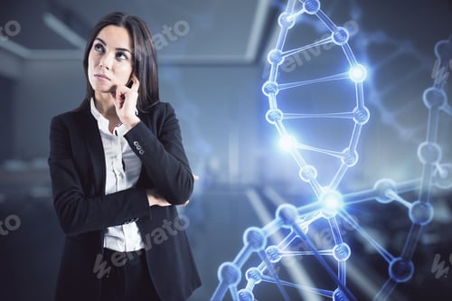 Preview: Attractive Young European Businesswoman With Abstract Dna Hologram Hologram On Blurry Office