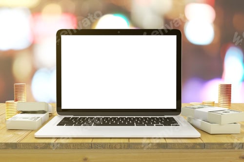 Preview: Blank White Laptop Screen On Wooden Table With Gold Coins And Stacks Of Money, Mock Up