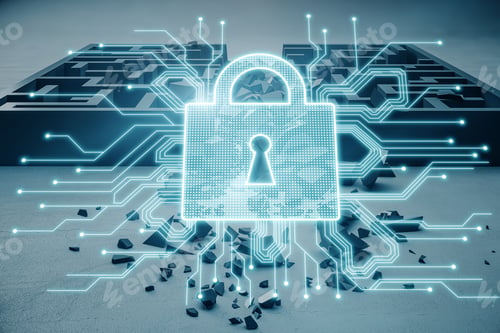 Preview: Abstract Bright Padlock Chip Hologram On Maze Background, Solution, Choice And Protection Concept