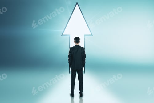 Preview: Businessman Standing At Arrow Exit. Possibility And Growth Concept