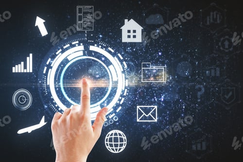 Preview: Hand Pointing At Abstract Glowing Digital Hologram On Space Sky Background. Future And Touchscreen