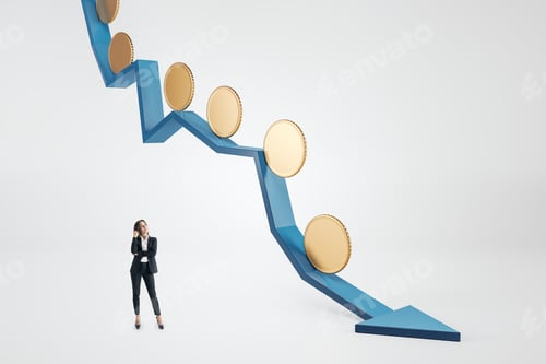 Preview: Attractive Thoughtful Young Businesswoman With Abstract Falling Blue Arrow With Empty Golden Coins