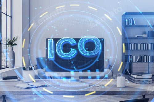 Preview: Close Up Of Office Workplace With Abstract Ico Hologram. Initial Coin Offering Concept. Double