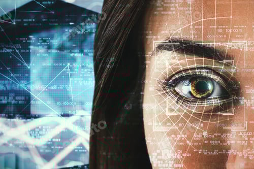 Preview: Access And Biometrics Concept. Abstract Woman Portrait With Face Id Eye Interface Om Blurry Blue