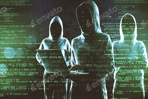 Preview: Creative Image Of A Group Of Hackers In Hoodies Standing On Abstract Dark Coding Backdrop. Malware