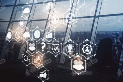 Preview: Creative Business Screen Hologram In Backlit Office. Touchscreen Concept. Double Exposure