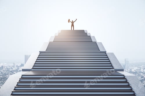 Preview: Happy Businessman Standing On Top Of Staircase On Bright Sky Background. Success And Achievement